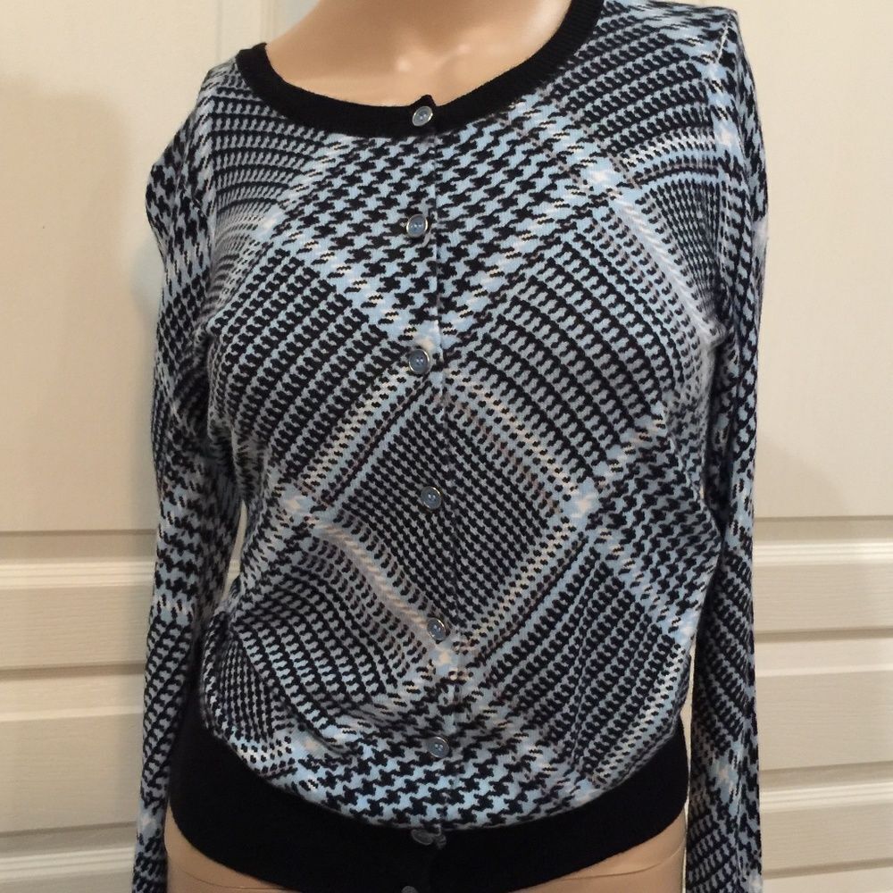 New York & Company Light Blue/Black/White Cardigan